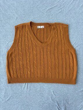 FCT With Love Rust Cable Knit Sweater Vest L Dark Academia Cropped Fall Preppy